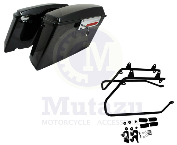 Vivid Black Complete Stock Saddlebags + Conversion Brackets for Harley Softail