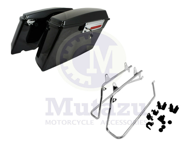 Vivid Black Complete Stock Saddlebags + Chrome Conversion Kit for Harley Softail