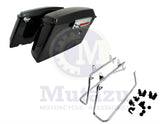 Vivid Black Complete Stock Saddlebags + Chrome Conversion Kit for Harley Softail