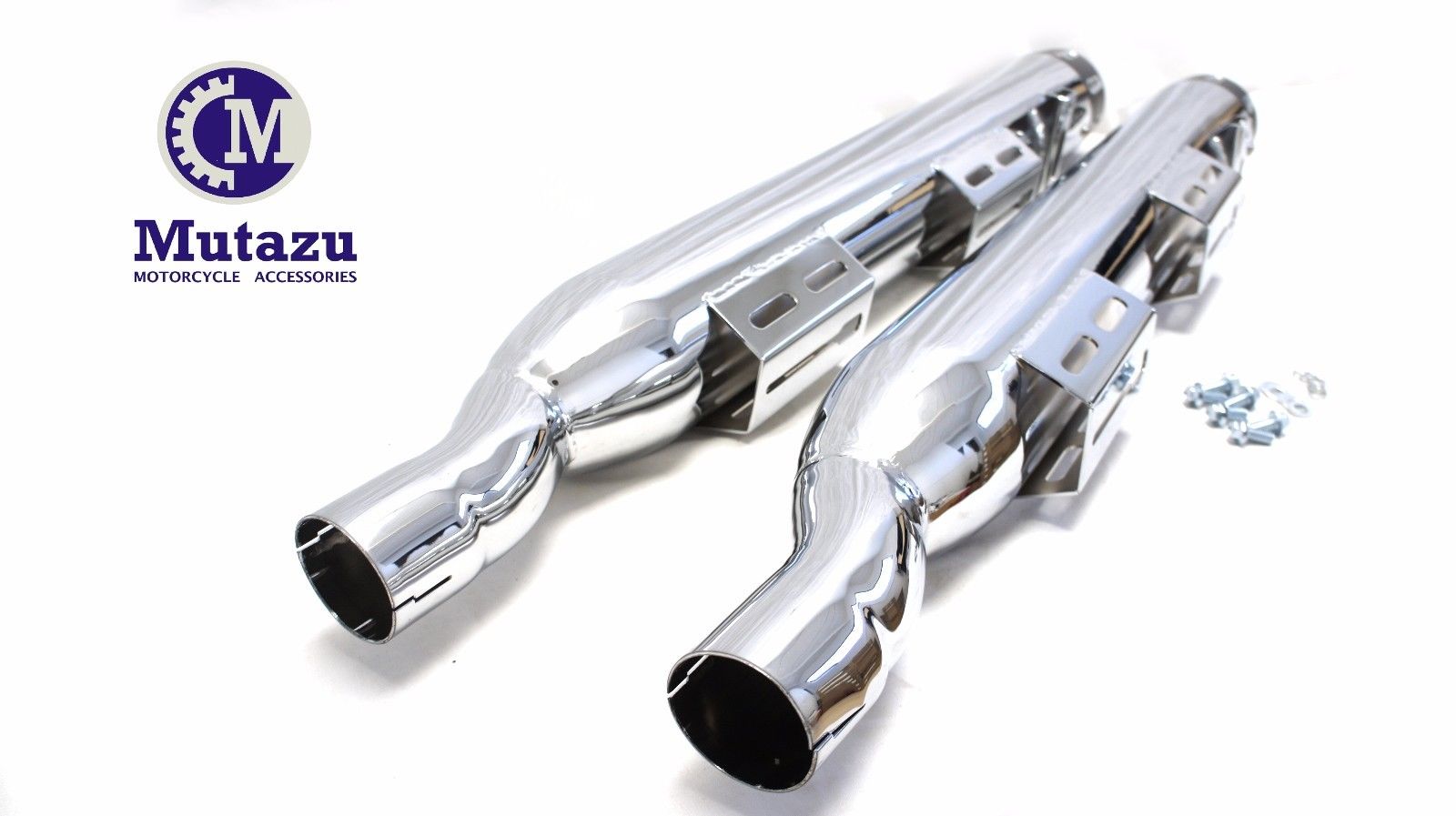 Mutazu MF-02 Chrome Slip-On Mufflers For 1995-2016 Harley Touring – 4" Diameter, Deep Tone, Hardware Included